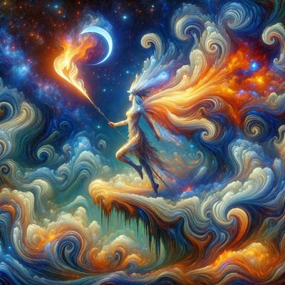 The primary subject of the image is a woman, who is depicted as a fairy or angel, standing on a cloud. The setting is a vibrant, colorful, and artistic environment, with the woman surrounded by clouds and stars. The visual style is a combination of digital art and illustration, creating a surreal and fantastical atmosphere. The colors and mood of the image are predominantly warm and luminous, with the woman's glowing figure and the vivid colors of the clouds